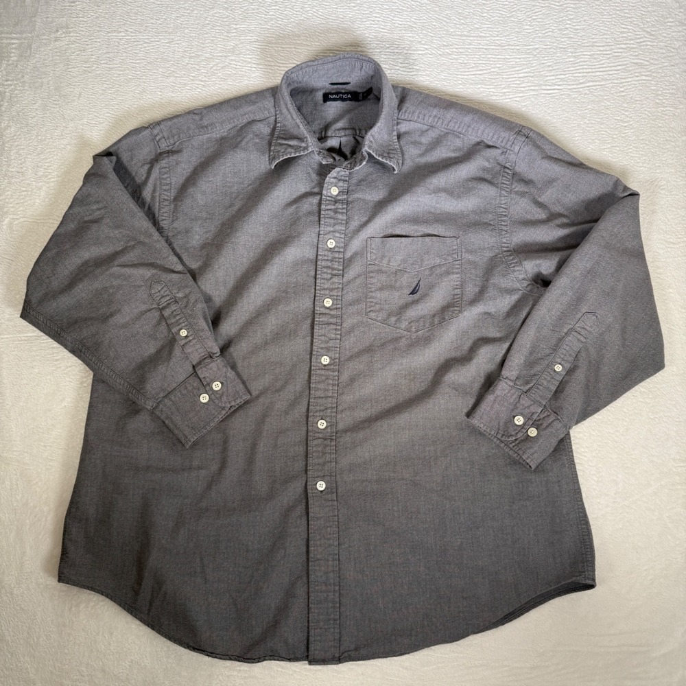 Nautica Mens‎ XL Gray Long Sleeve Button Down Cotton Shirt Heathered Dadcore